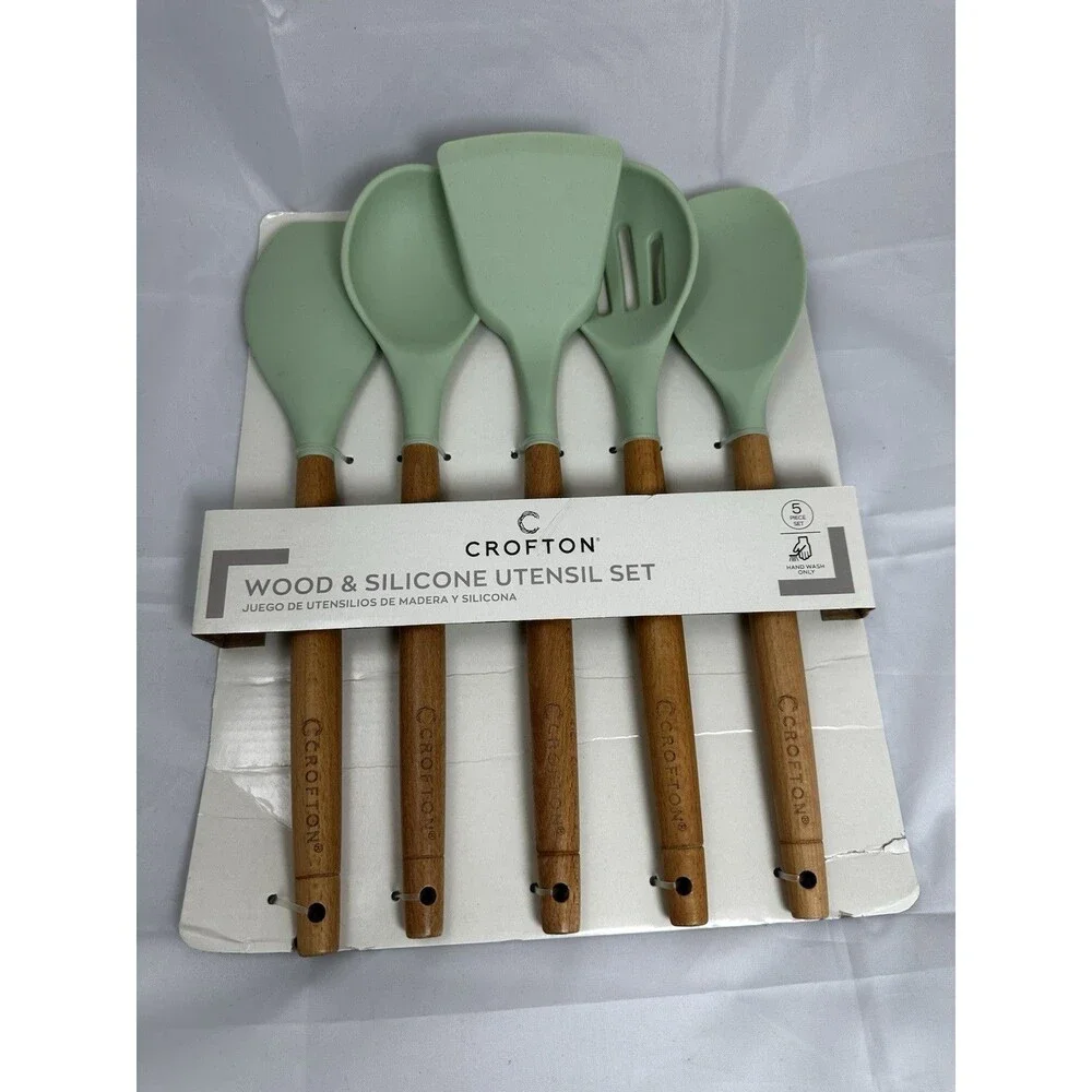 Crofton Wood & Silicone Utensil Set 5-Piece Green Spoon, Turner, Spatula